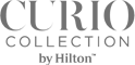 The image shows a logo with the text "Curio Collection by Hilton" in gray letters.